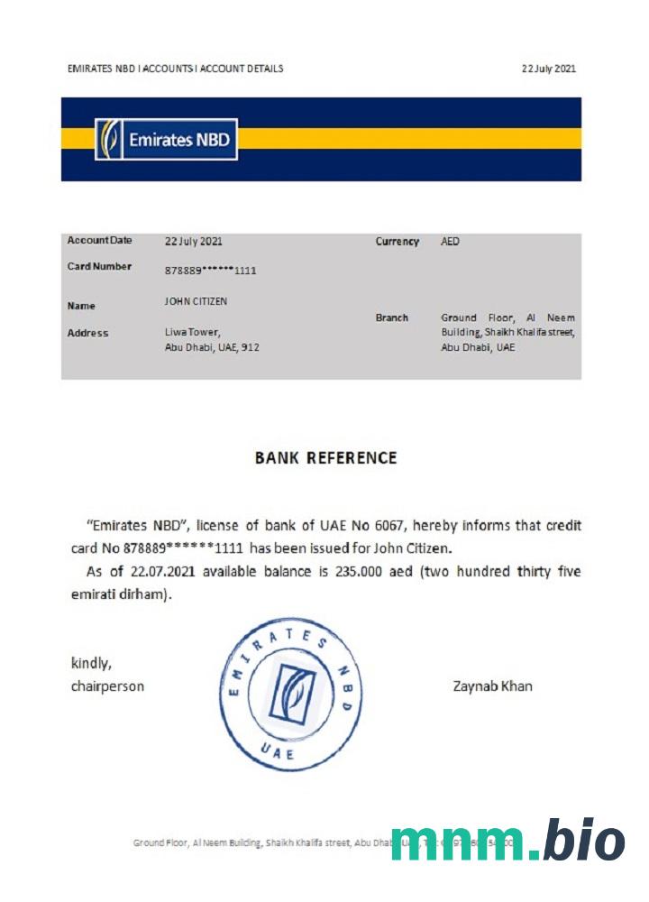 Przykład odniesienia UAE Emirates NBD w formatach Word i PDF